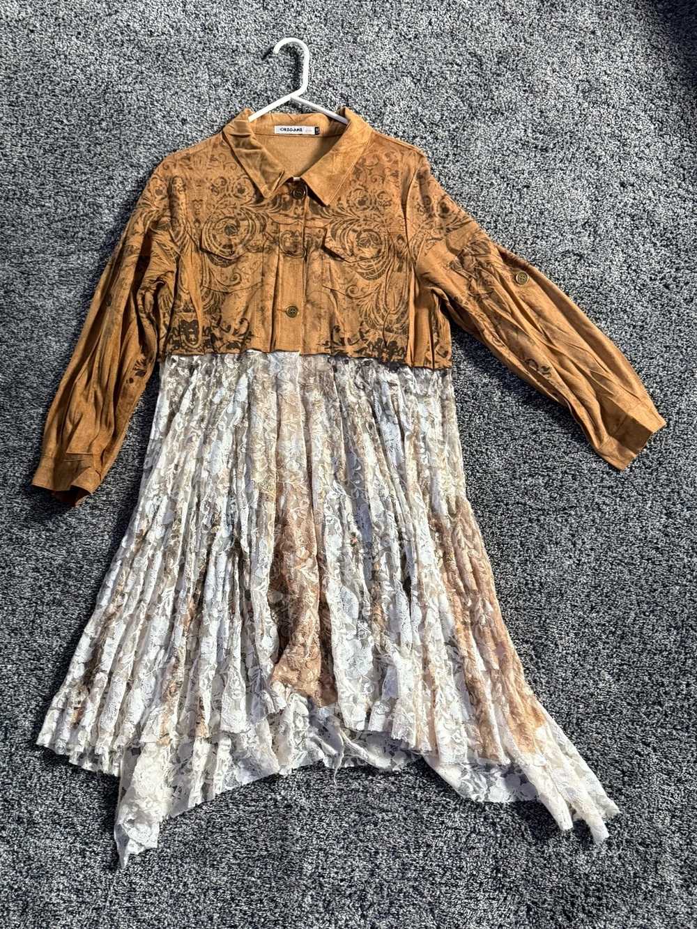 Women’s Origami brand boho Two-Tone Lace Pleated top/Dress - Brown & Cream